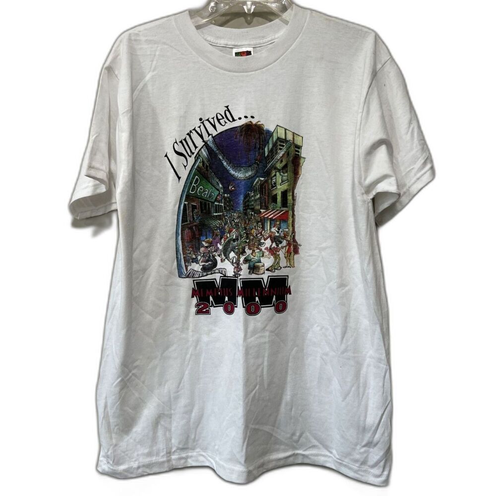 BNWOT Deadstock Vintage Y2K New Years Memphis Millennium White T-Shirt Tee Sz Lg